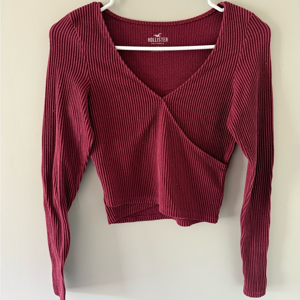 Hollister Burgundy Ribbed Long Sleeve Crop Blouse